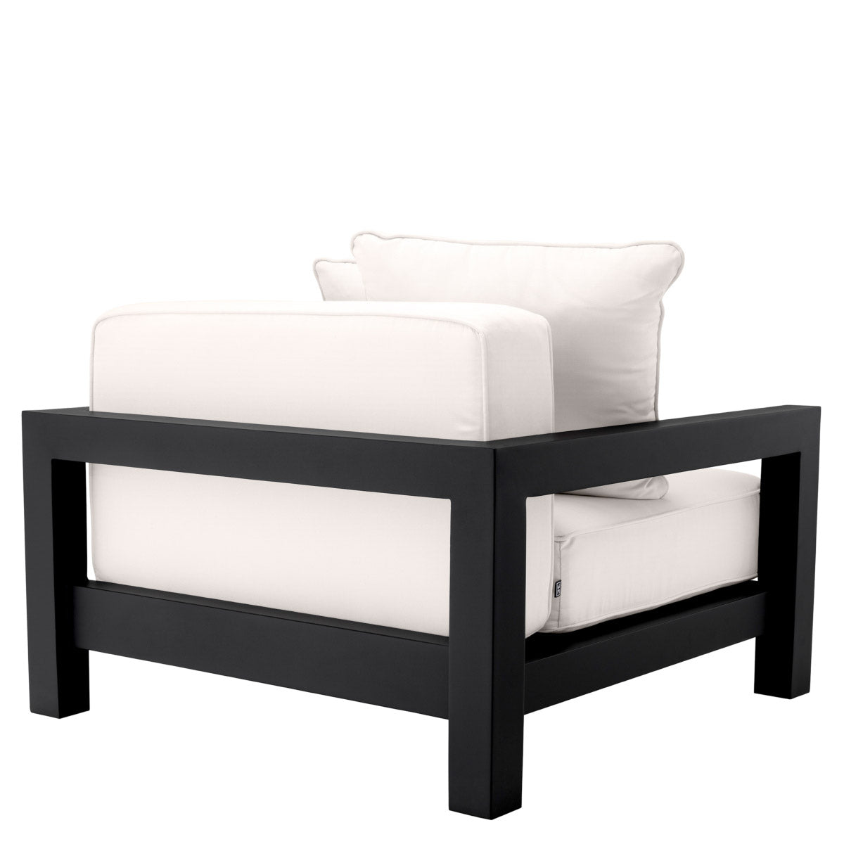 Eichholtz Outdoor Chair Cap-Antibes a black powdercoated finish. Its seat and back cushions are upholstered in Sunbrella canvas. Outdoor