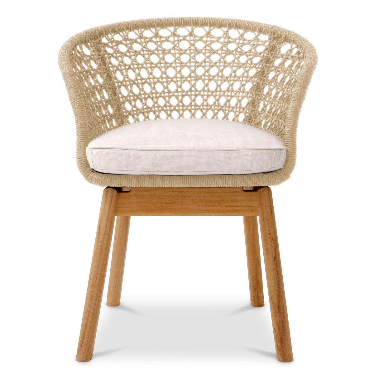 Eichholtz Outdoor Dining Chair Trinity cushion, both in cream color. Ideal for any outdoor dining area, the eco-friendly dining chair