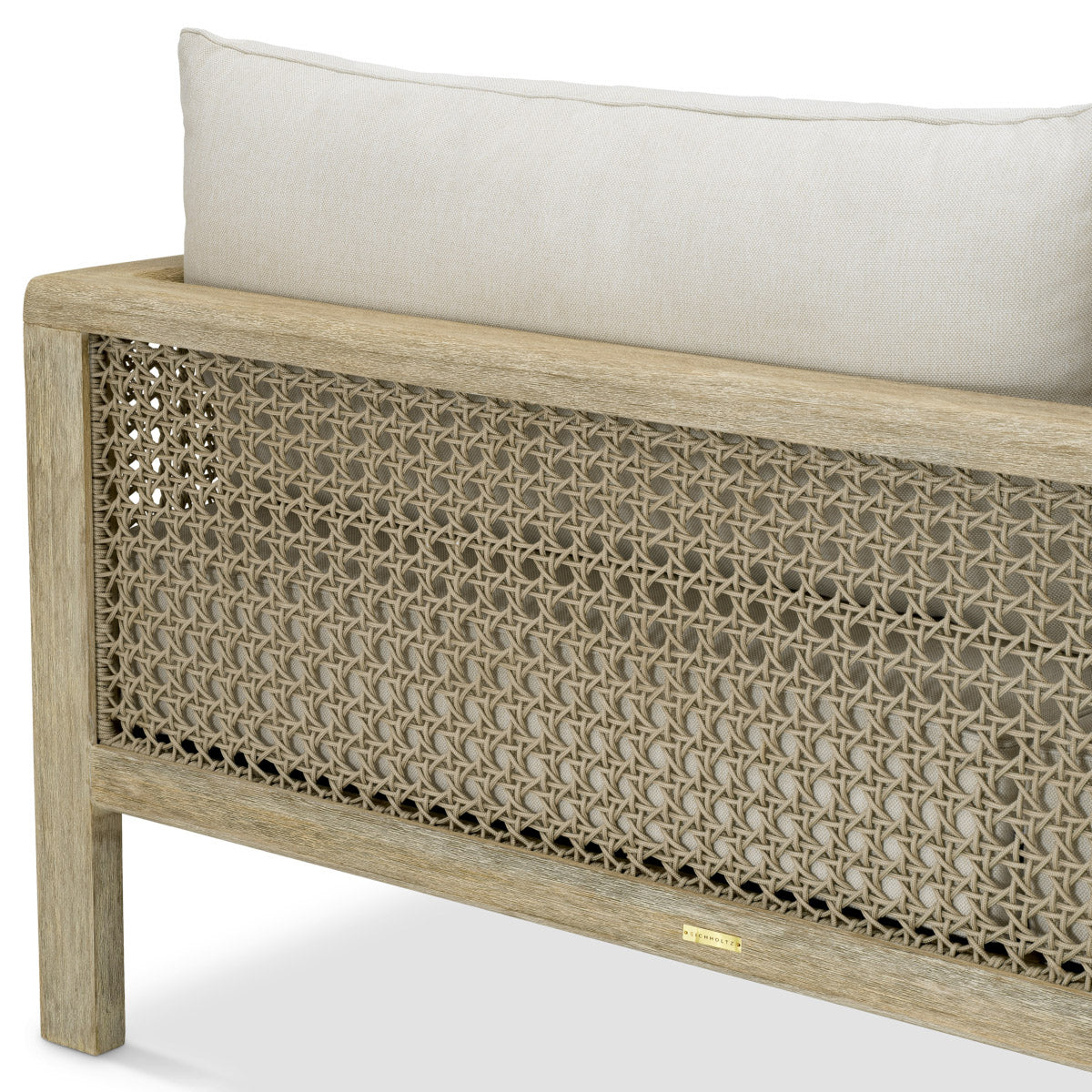 Eichholtz Outdoor Sofa Julian L radiates sophisticated allure. The harmonious blend of muted grey wood and plush fabric invites relaxation