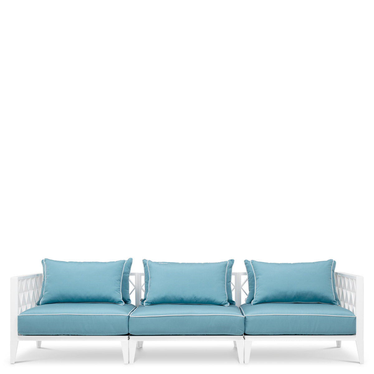 Eichholtz Outdoor Sofa Ocean Club L cushion covers are finished with white piping. Outdoor Sofa Ocean Club L Crafted by Eichholtz