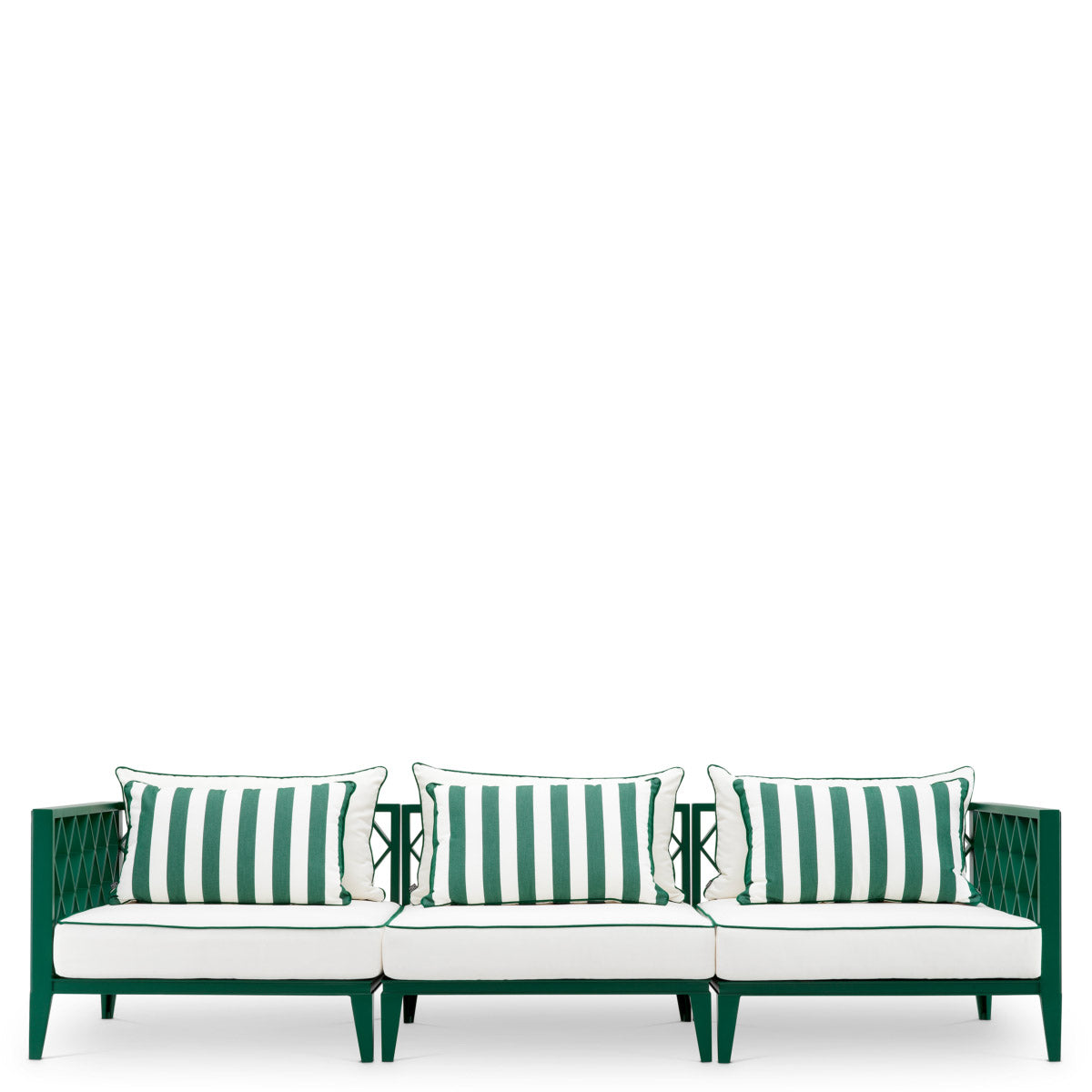 Eichholtz Outdoor Sofa Ocean Club L striking green and blaise off-white cushion covers, which are finished with contrast piping and offer