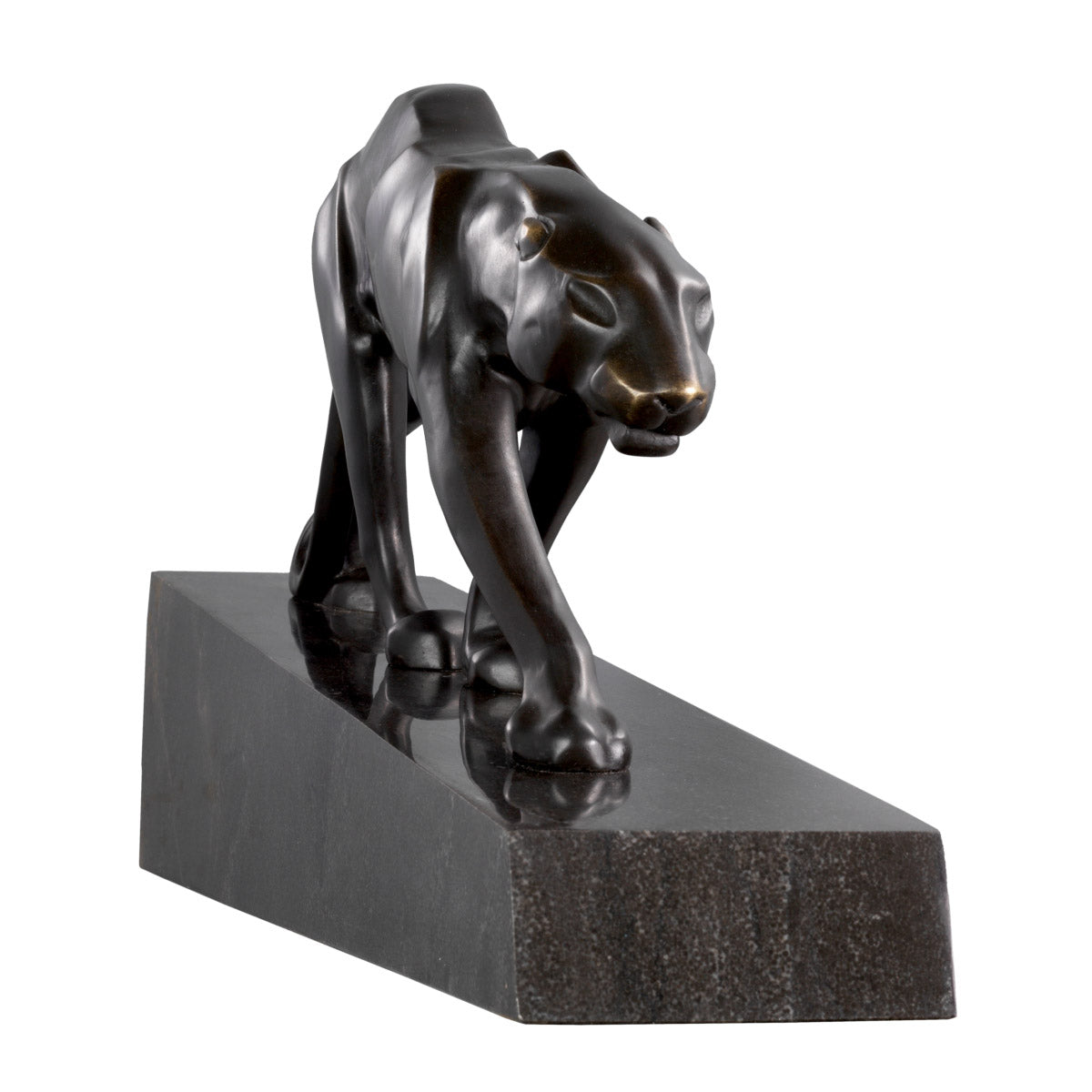 Eichholtz Pantherae wildlife. The statue is mounted on a black marble base. Pantherae Crafted by Eichholtz this