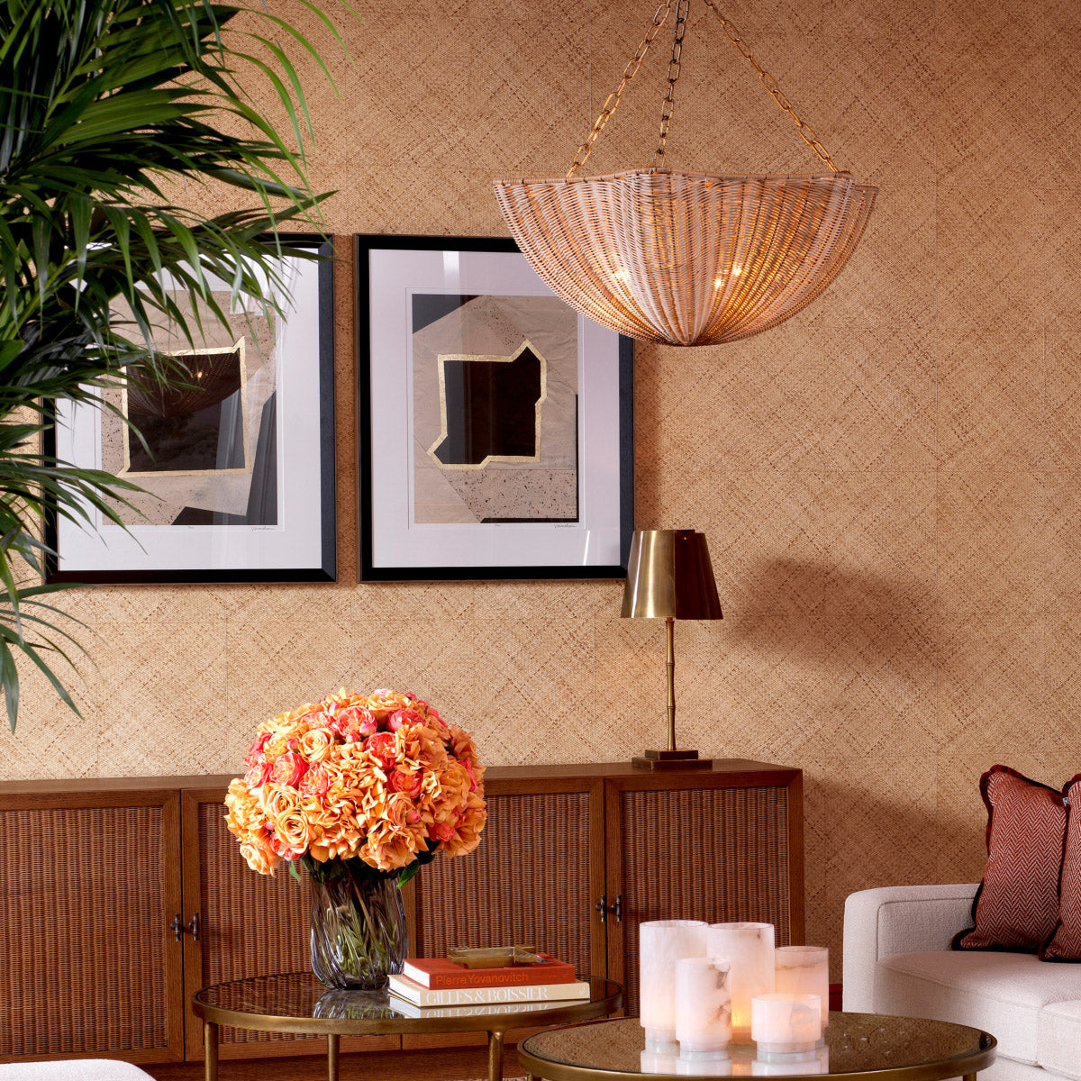 Eichholtz Print Creased Umber by Vanna Lam set of 2 two that offers a distinctive visual allure. Encased in a sleek black wooden frame with