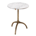 Eichholtz Side Table Cortina round top from white marble and a hammered brass base in vintage brass finish.‎ Side