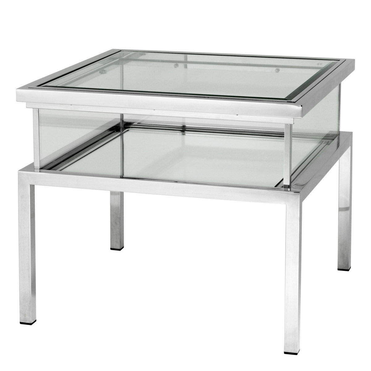 Eichholtz Side Table Harvey showcase decorative items. Comprising a polished stainless steel frame, it features a sliding display top