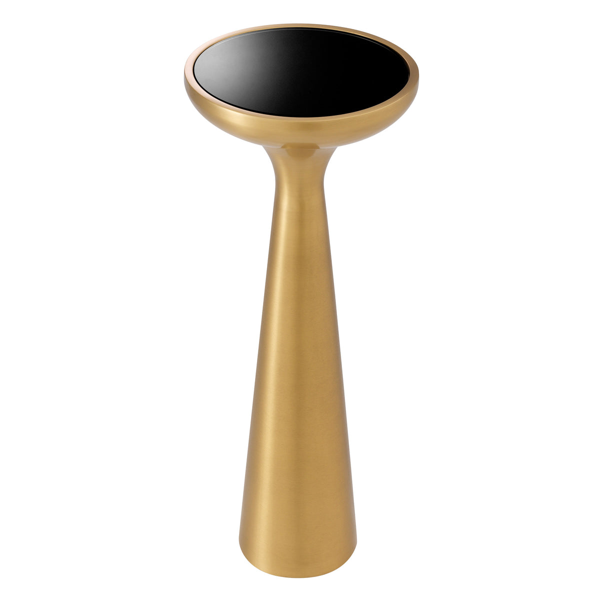 Eichholtz Side Table Lindos high This stunning round end table features a brushed brass finish base and a black glass