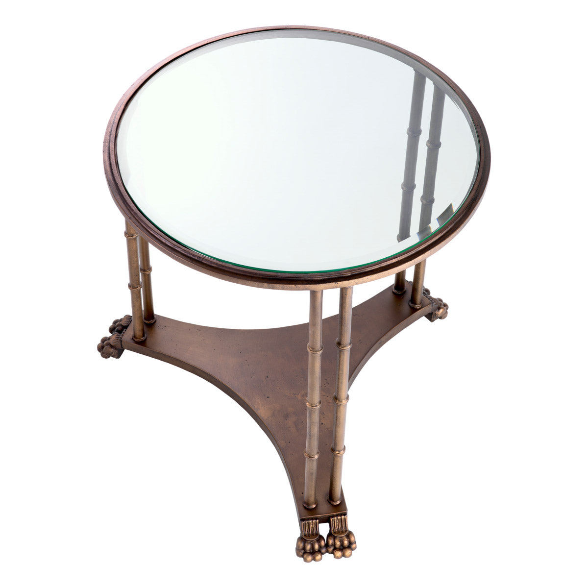 Eichholtz Side Table Lioness finish on this contemporary interpretation perfectly complements the bevelled glass tabletop, which is cut and