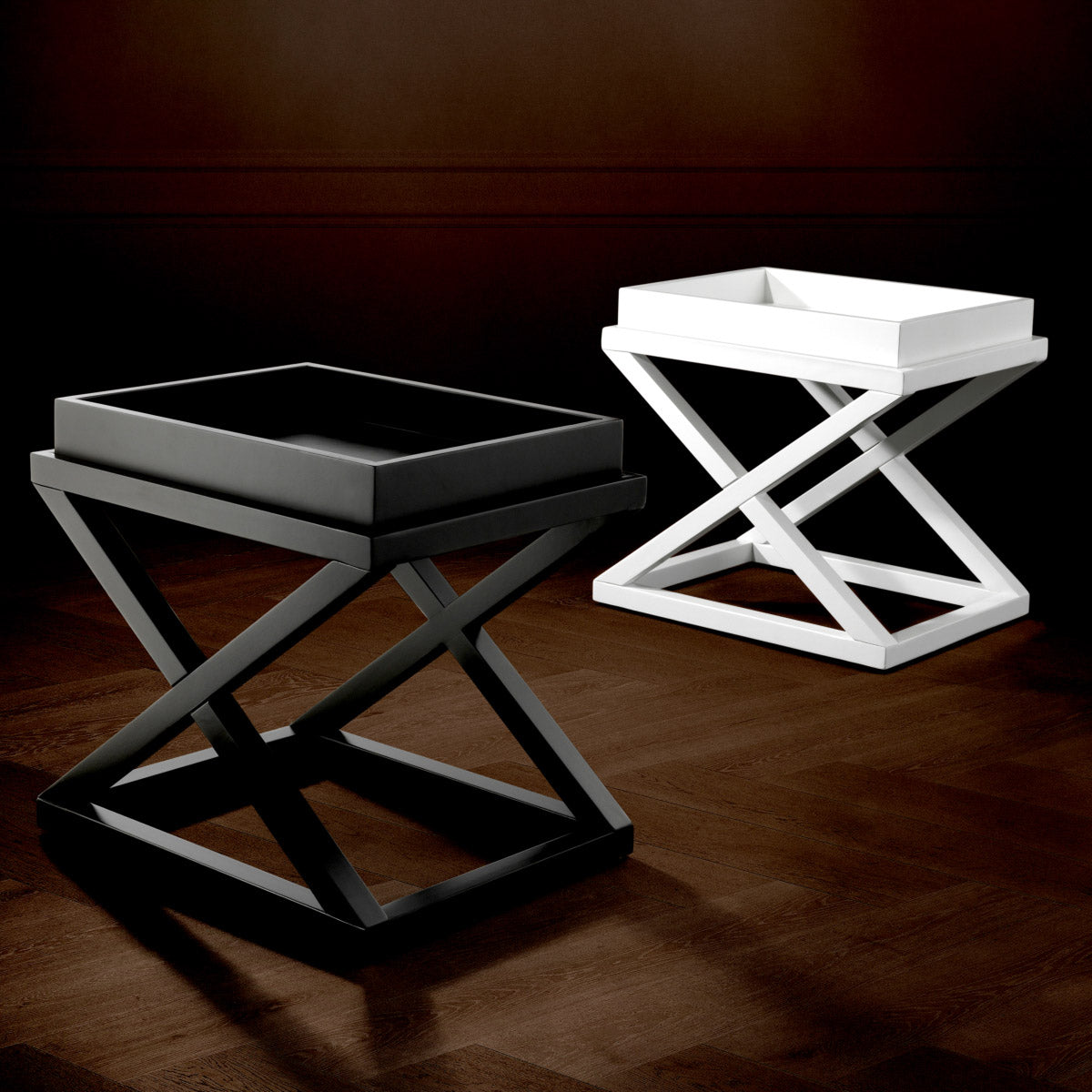 Eichholtz Side Table McArthur frame on a rectangular base plate and a removable tray with raised edges. Side Table