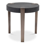 Eichholtz Side Table Oxnard It features a round tabletop of charcoal grey oak veneer and three legs in a