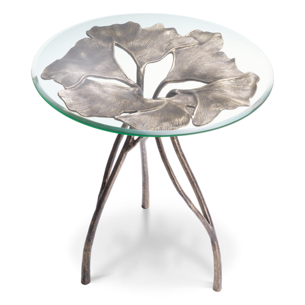 Eichholtz Side Table Poseidon vintage brass finish. Topped with clear glass, the table showcases the perfect balance of artistic