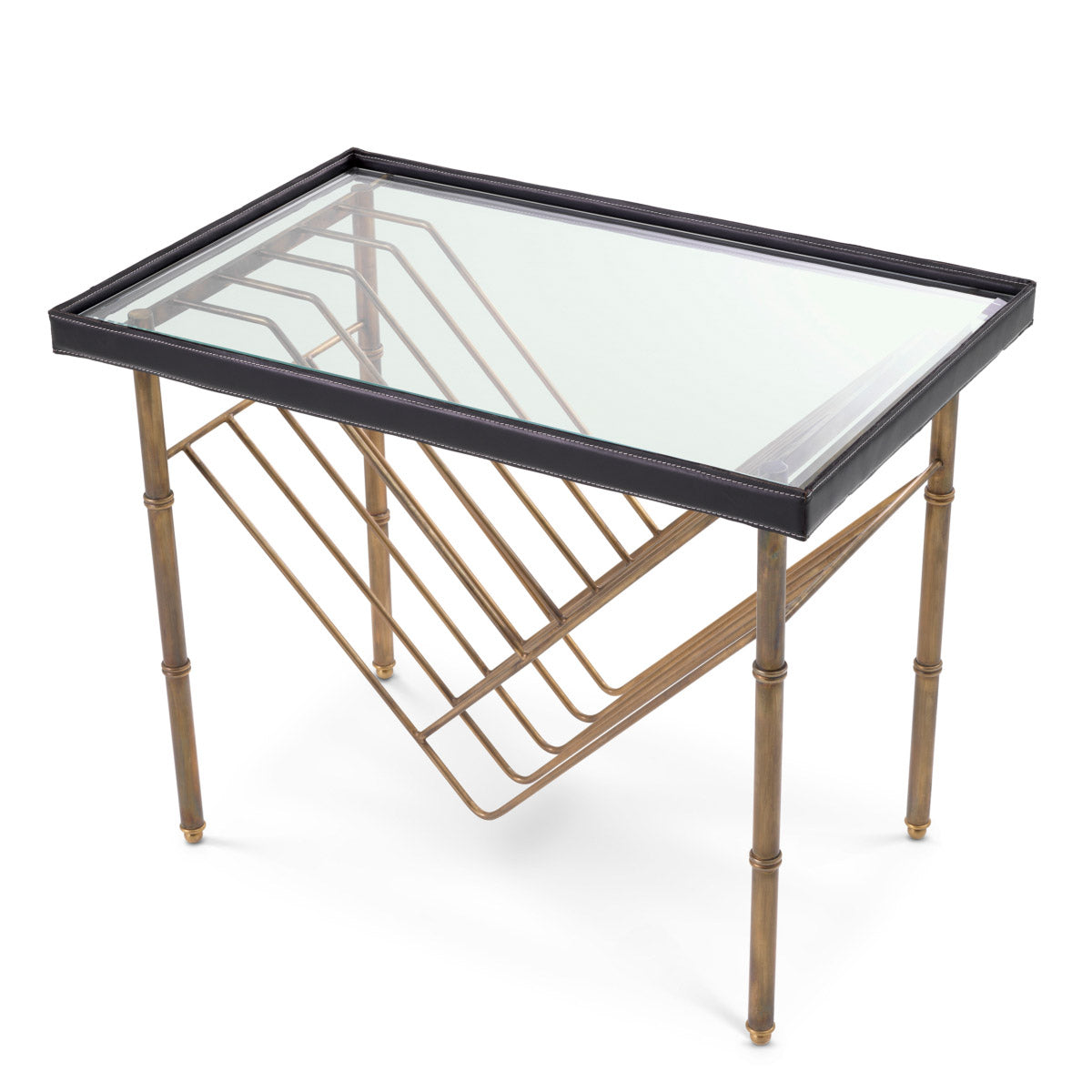 Eichholtz Side Table Princess detail, genuine black leather embraces the rectangular shaped glass while the vintage brass finish elevates