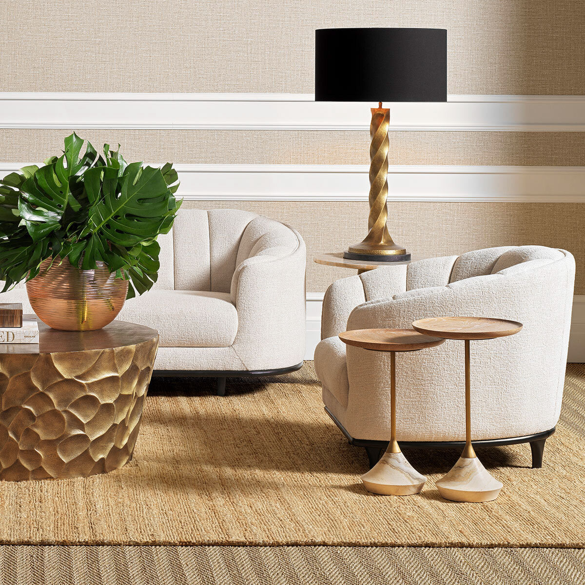 Eichholtz Side Table Puglia set of 2 Tables. It features wooden tops, brushed brass legs, and an exclusive onyx base. The Onyx