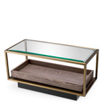 Eichholtz Side Table Roxton brass finish with clear glass and grey veneer accents, the table features a retractable tray