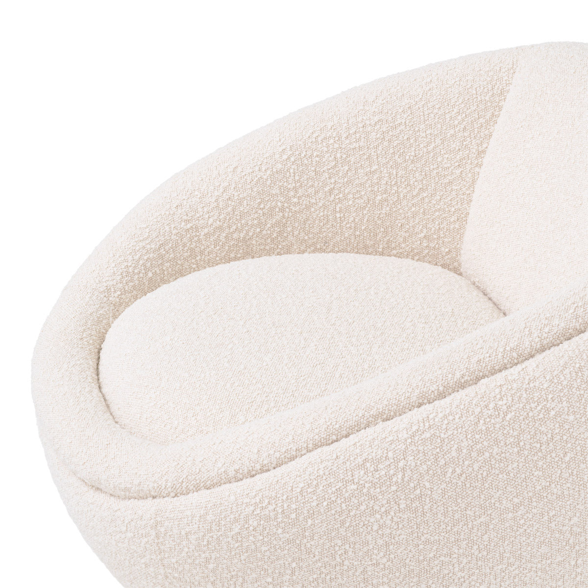 Eichholtz Swivel Chair Bollinger wrapped in a soft-touch Bouclé cream fabric and mounted on a brushed brass swivel base.