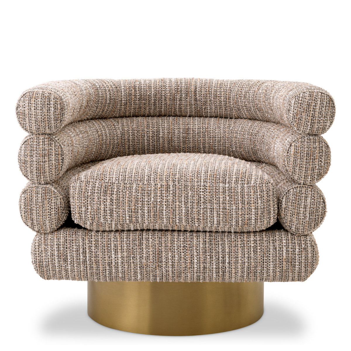 Eichholtz Swivel Chair Maguire pairs a brushed brass finish swivel base with a luxurious upholstery in Mademoiselle beige. Swivel