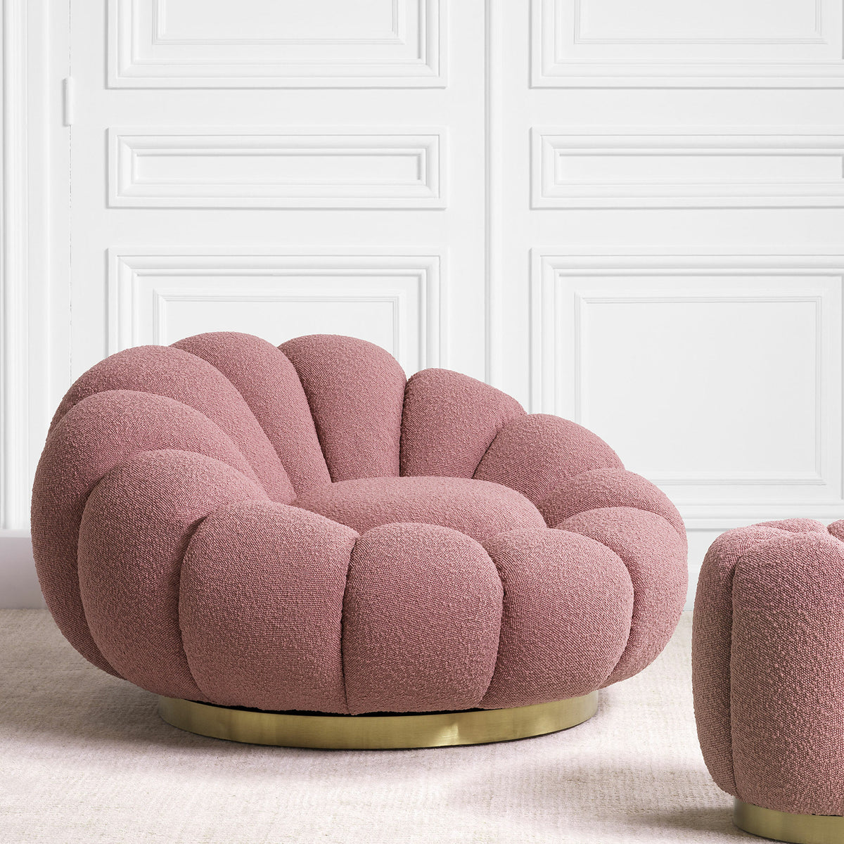 Eichholtz Swivel Chair Mello your home. Looking like an open flower, this delightful accent chair with Bouclé rose upholstery