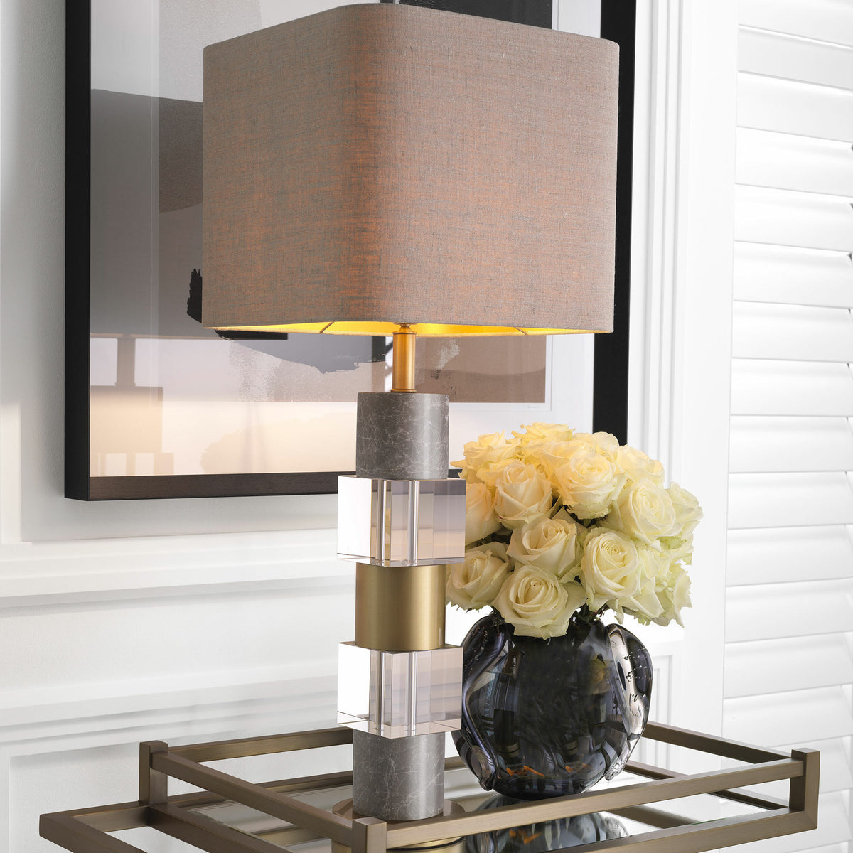 Eichholtz Table Lamp Cullingham cylinders of grey marble, two solid crystal glass cubes and one cylinder with an antique