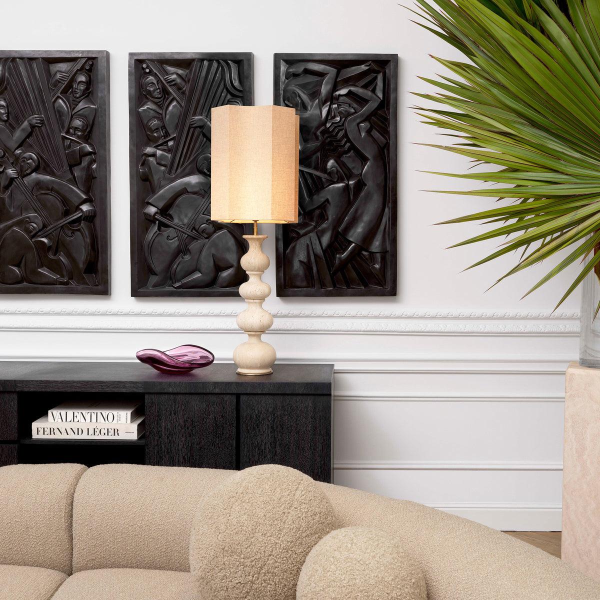 Eichholtz Table Lamp Mabel looks like a stack of four vases in descending sizes. Finished in antique brass and