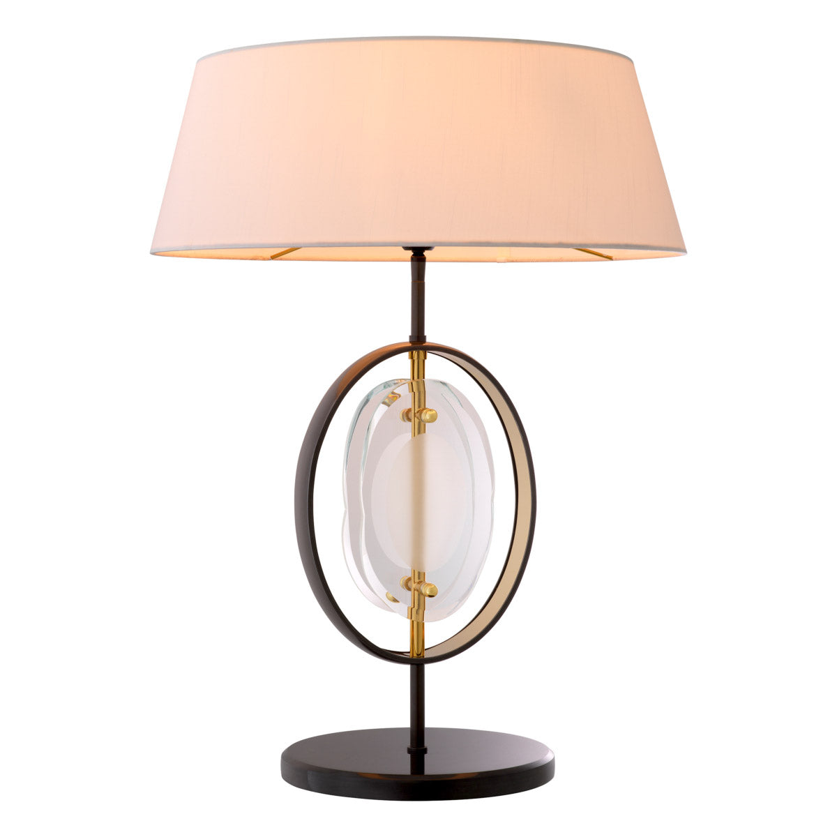 Eichholtz Table Lamp Vincente that features a gold-coloured inside and two free-form plates of bevelled clear glass. Table Lamp