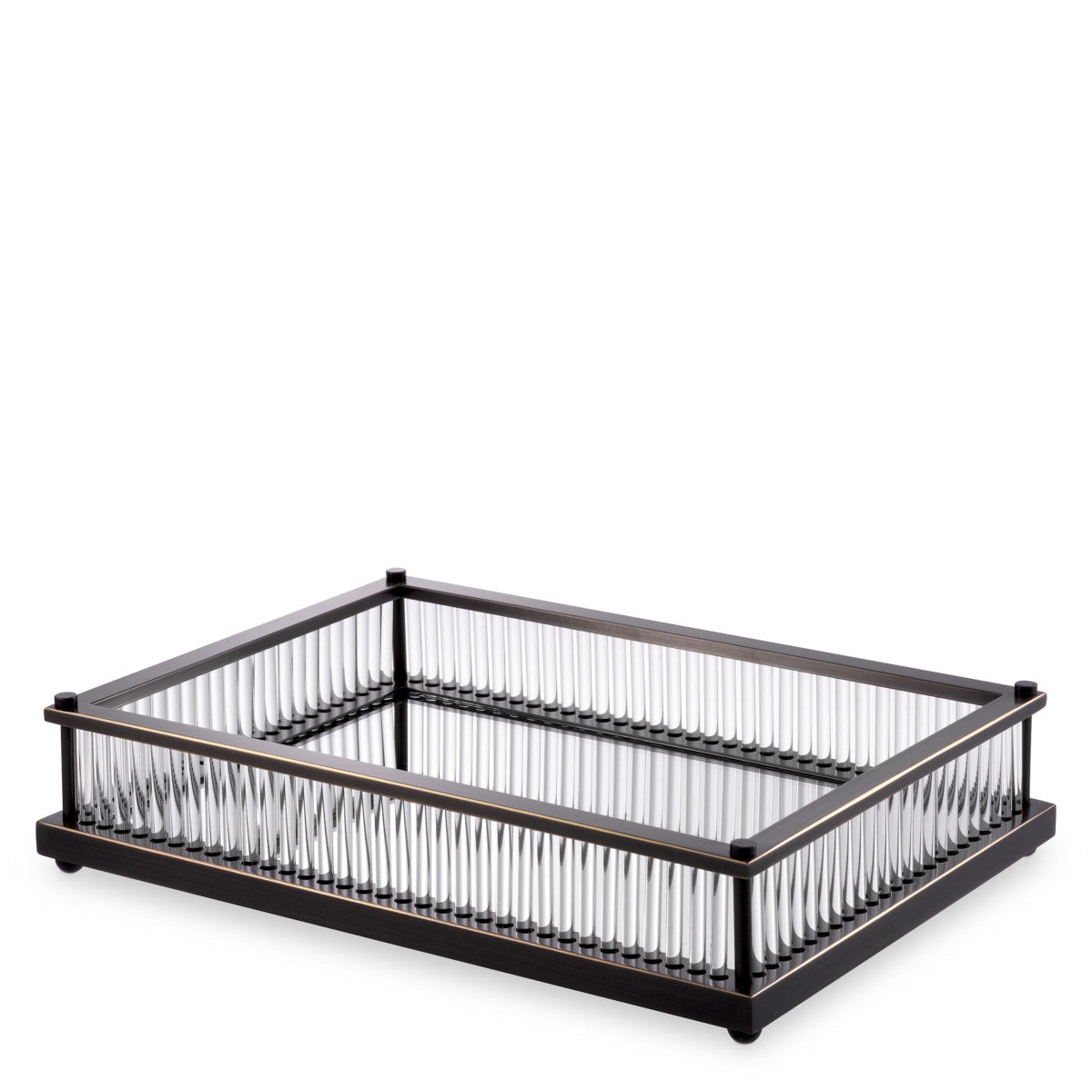 Eichholtz Tray Cora rectangular mirror glass bottom and clear glas rods has a bronze highlight finish. Ideal as a