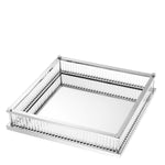 Eichholtz Tray Cora square mirror glass bottom and clear glas rods has a shiny nickel finish. A stylish serving