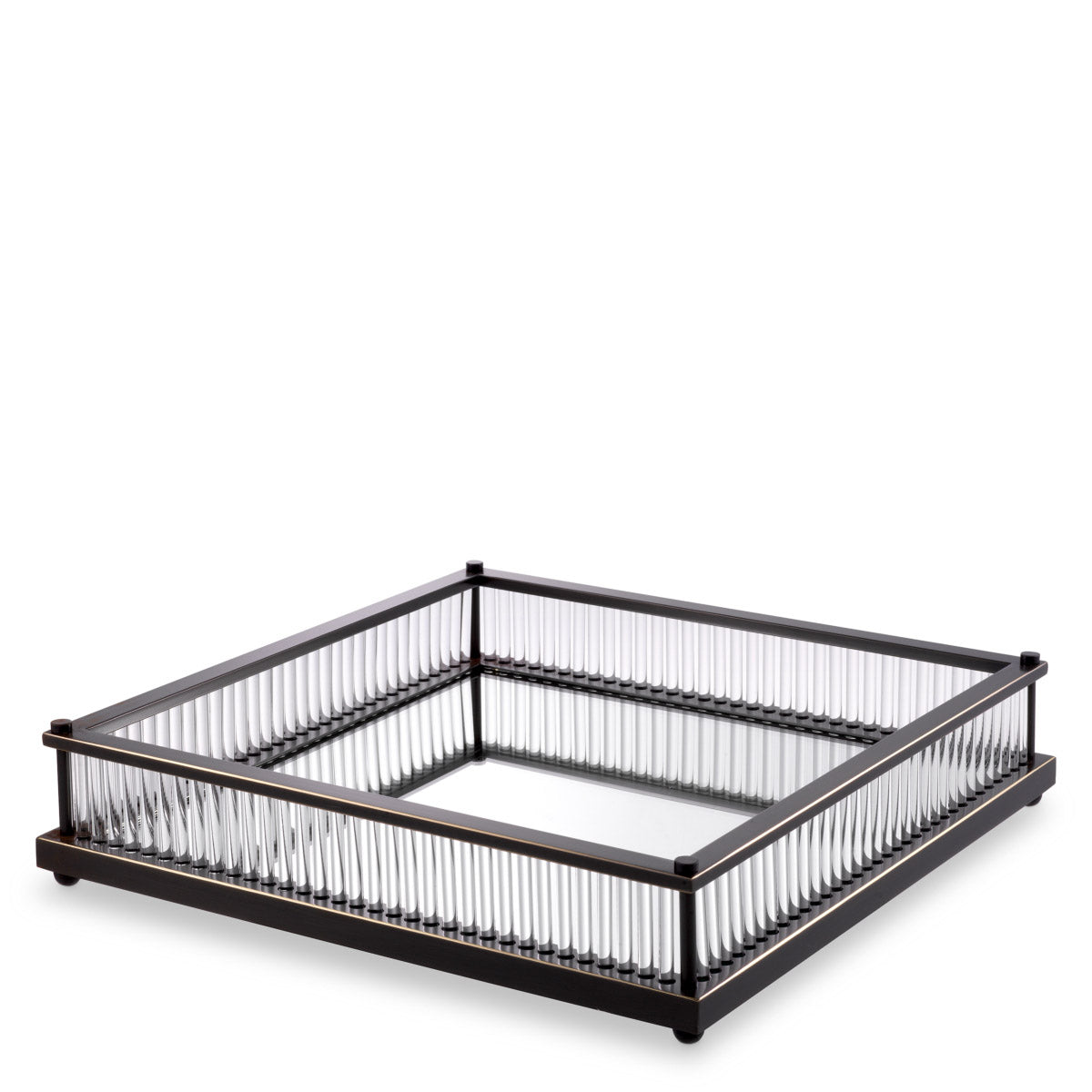 Eichholtz Tray Cora square mirror glass bottom and clear glas rods has a bronze highlight finish. Ideal as a