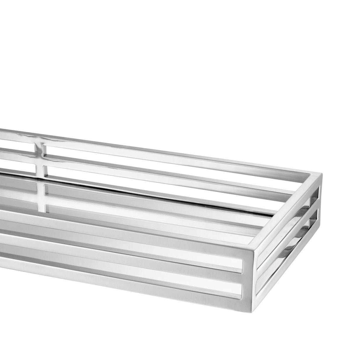 Eichholtz Tray Ersa table arrangements. Featuring a mirror glass bottom shelf and open-sided nickel finish surround, this rectangular