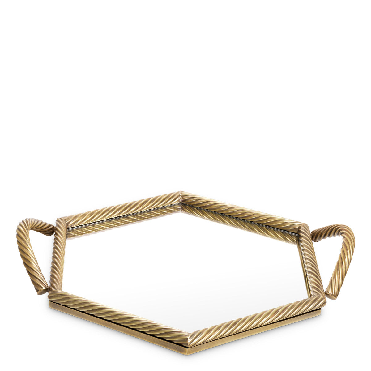 Eichholtz Tray Salvi Hexagon exquisite serving accessory, with its handmade twisted frame in vintage brass and mirrored glass, is