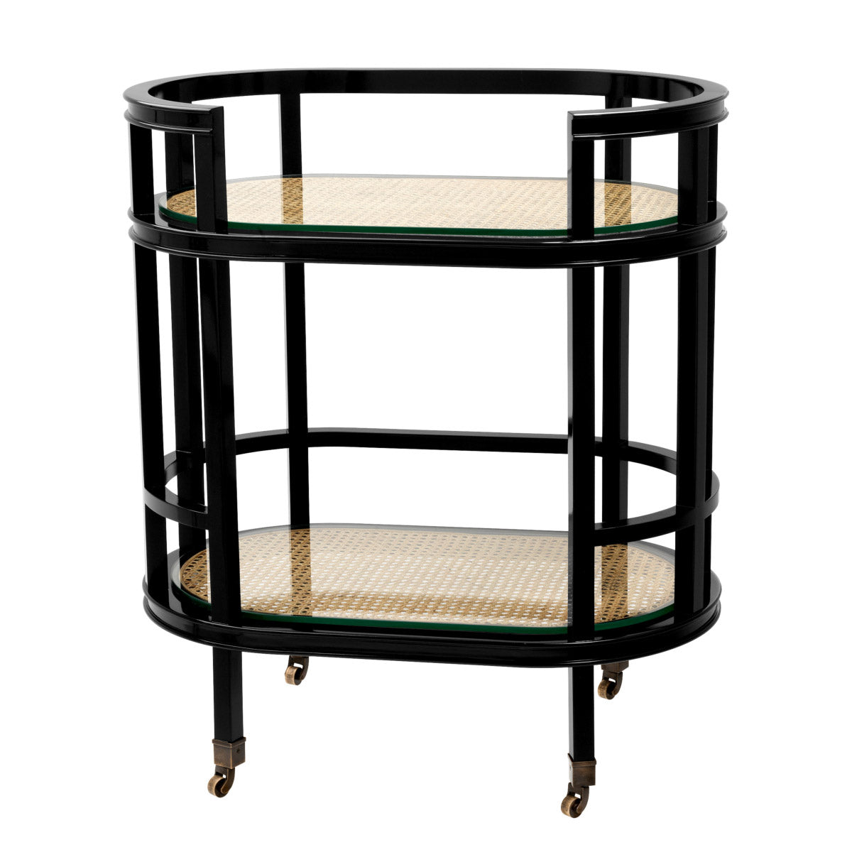 Eichholtz Trolley Bahamas conservatory. Comprising a mahogany wood frame with a black finish, it has shelves of natural
