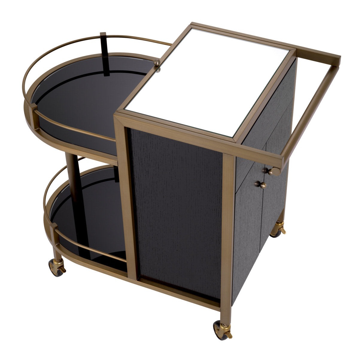 Eichholtz Trolley Bellini cart with brushed brass hardware. The mirror glass top can be flipped over for easy