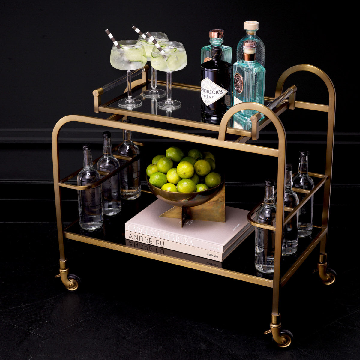 Eichholtz Trolley Montreuil remarkably elegant frame with a brushed brass finish, this luxury bar cart has a removable