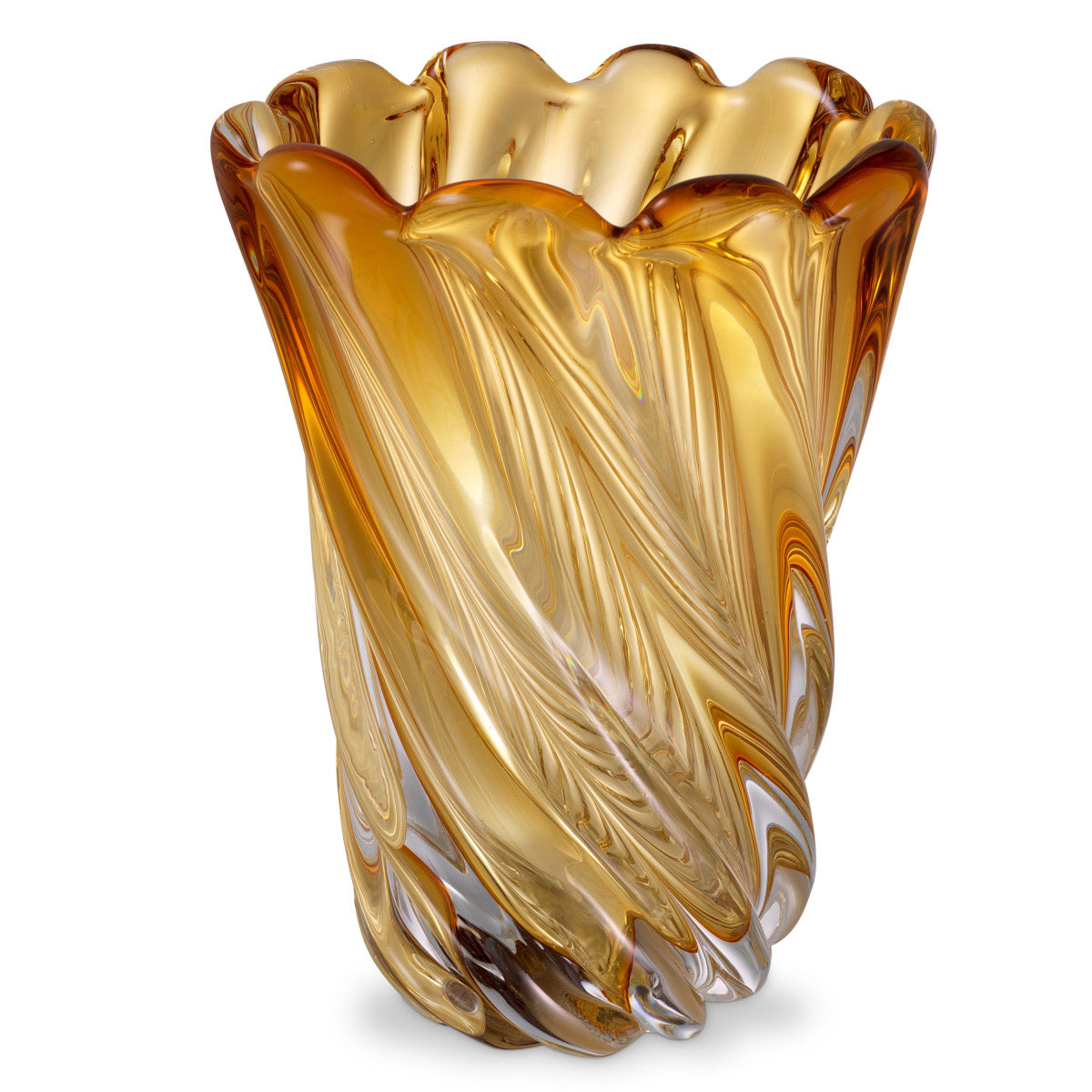 Eichholtz Vase Contessa S swirling design blends nicely. Hand blown from yellow glass and fitted with a scalloped edge,