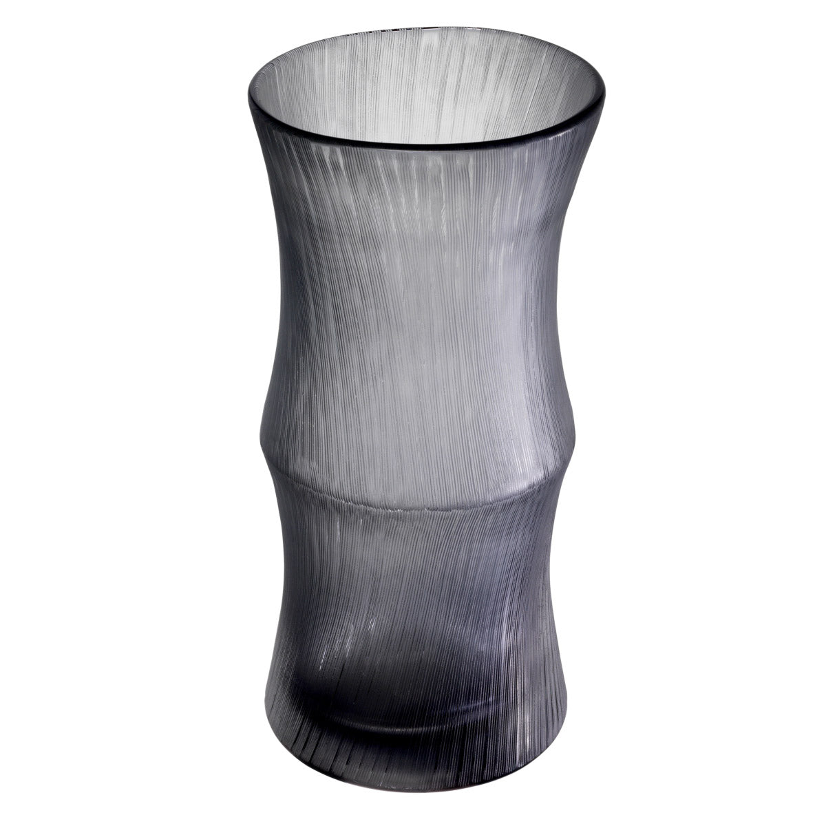 Eichholtz Vase Thiara grey glass vase is adorned with engraved lines and characterised by a bamboo-like kink. Vase