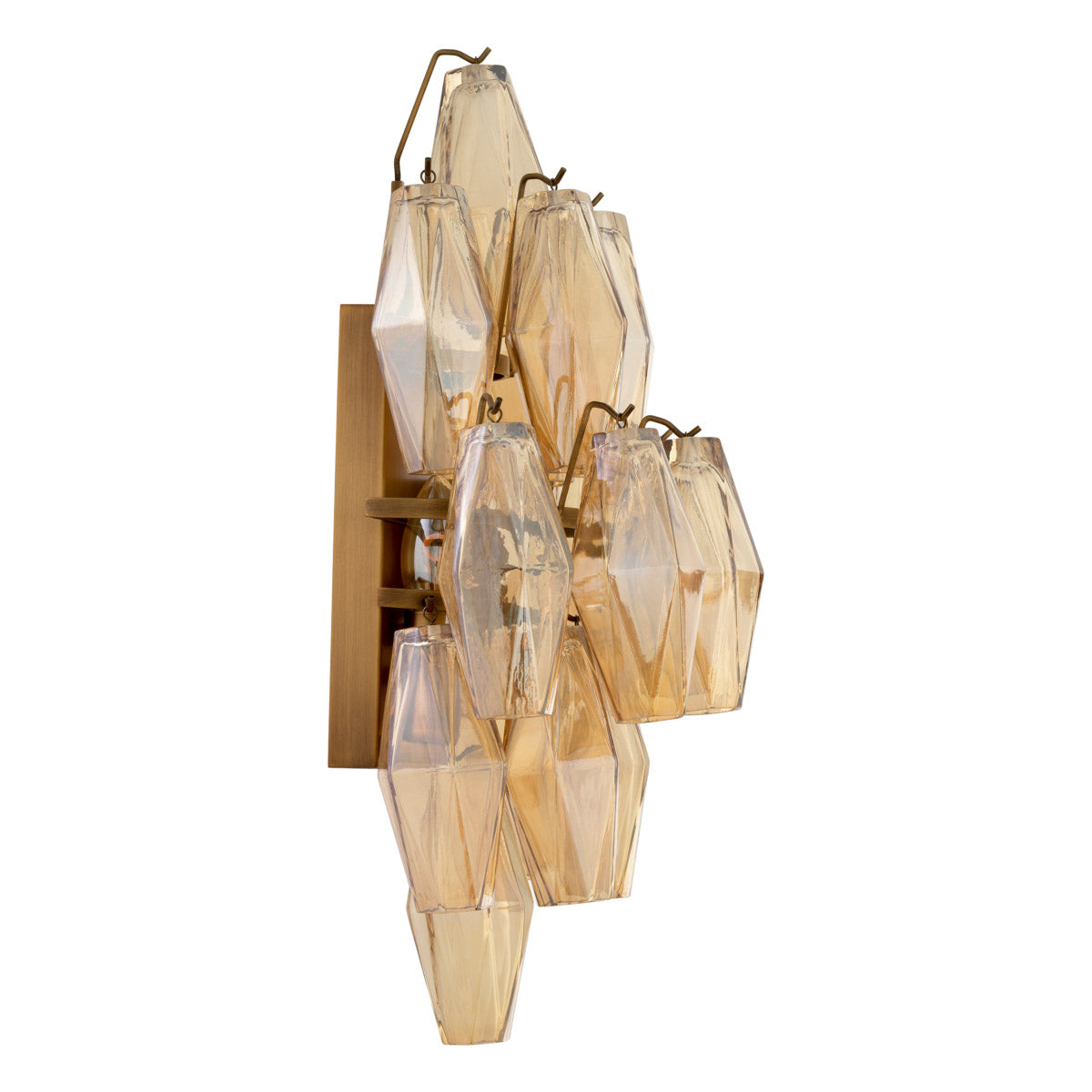 Eichholtz Wall Lamp Benini lamp with antique brass finish features diamond-shaped tubes of amber glass that let light fall