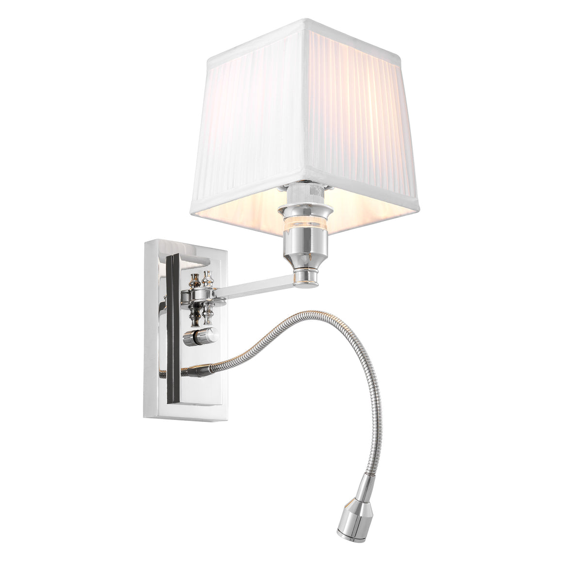 Eichholtz Wall Lamp Ellington lamp is adorned with a luxurious white shade and features an additional adjustable LED reading