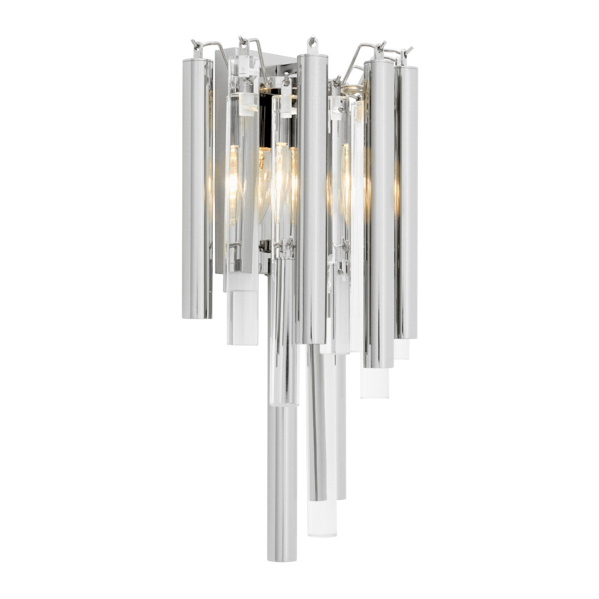 Eichholtz Wall Lamp Gigi fixture features a semi-circular tapered body with rods of clear glass and nickel finished metal.