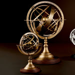 Eichholtz Globe L zodiac, axis and pedestal with brown plinth, this large globe with antique brass finish lends