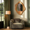 Floor Lamp Rialta — solid travertine base, vintage brass stem, and linen shade in a styled residential interior.