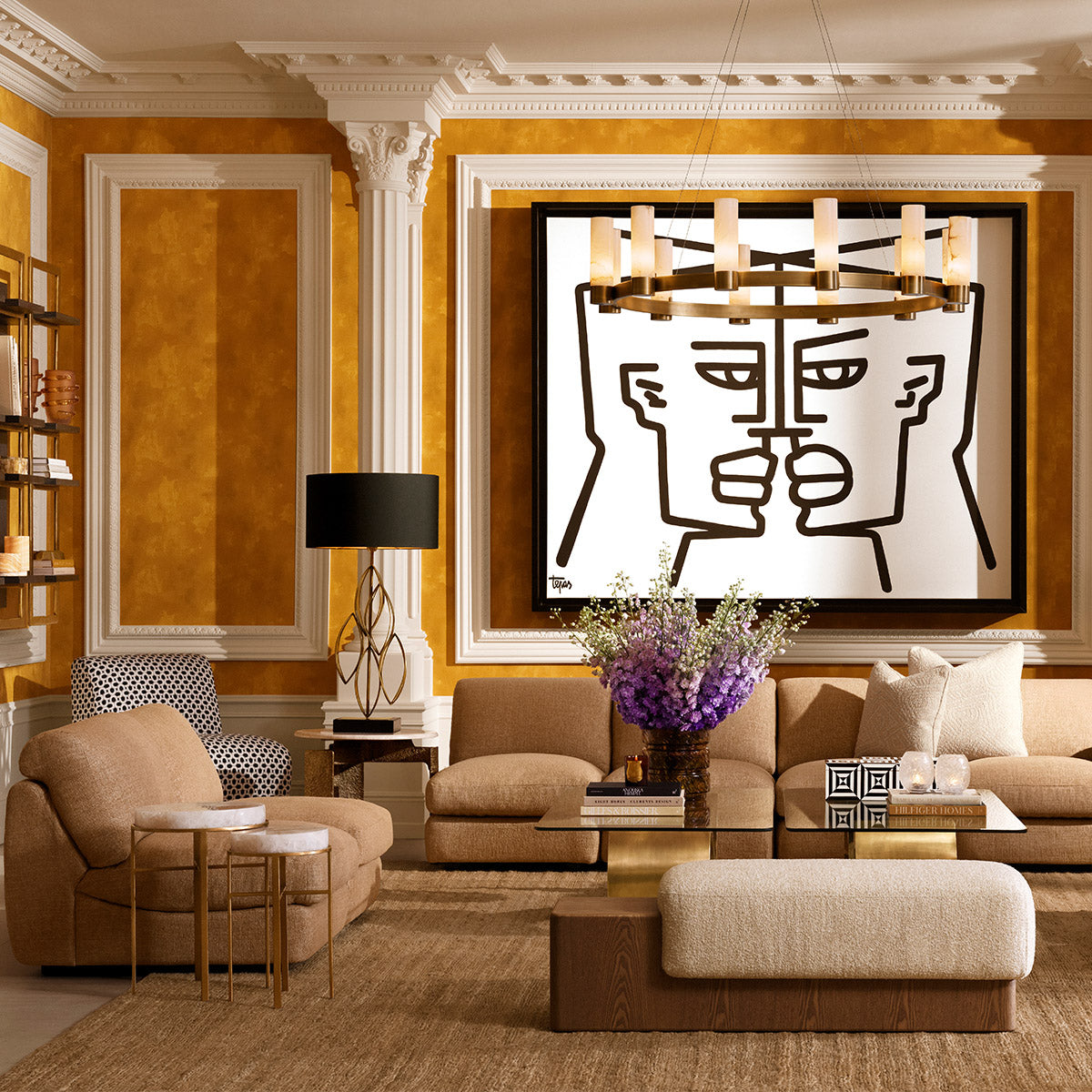 A bench in a warm living room setting — Bench Colburn from Eichholtz in a styled interior with sofas and a chandelier