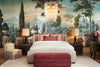 An Eichholtz bedroom vignette — upholstered bed with Tuscan mural backdrop and crystal chandelier overhead