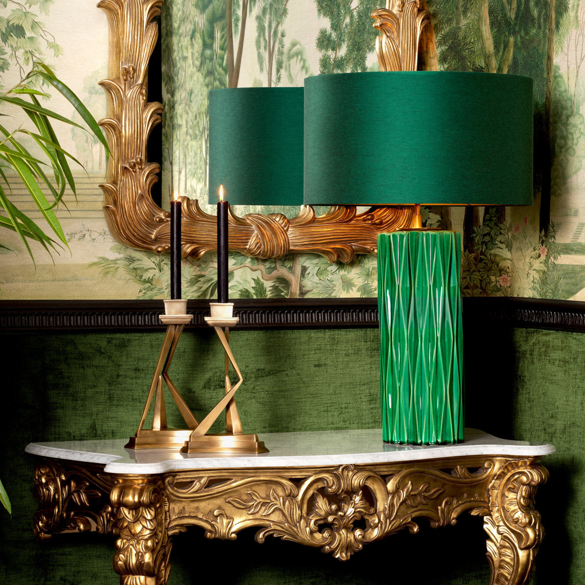 Table Lamp Amarello — crackled green ceramic base with antique brass finish, styled in a warm European living room interior