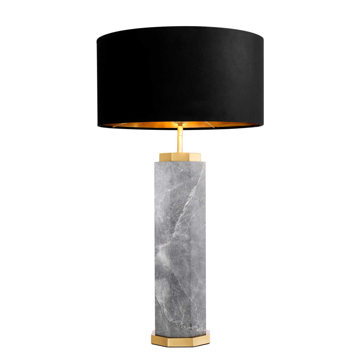 Table lamp with black shade and marble base on a white background