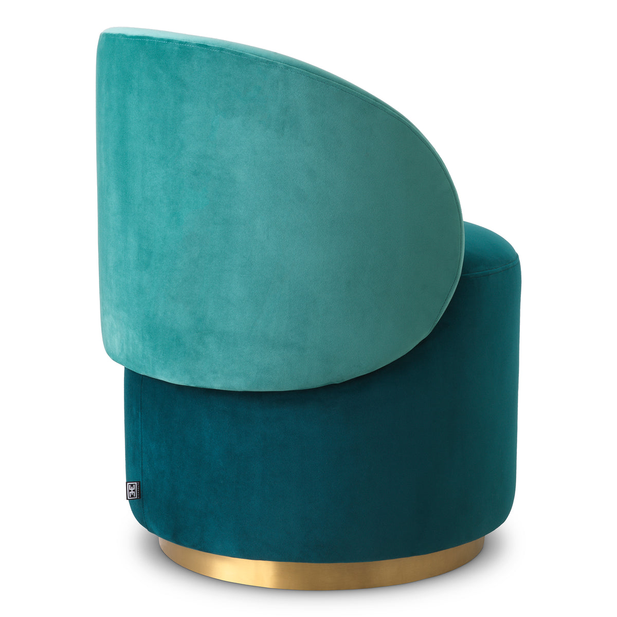 Teal velvet chair with a gold base on a white background