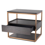Eichholtz Side Table Parker mocha straight oak veneer With a metallic frame in a brushed brass finish and a top, body and lower shelf of mocha straight oa