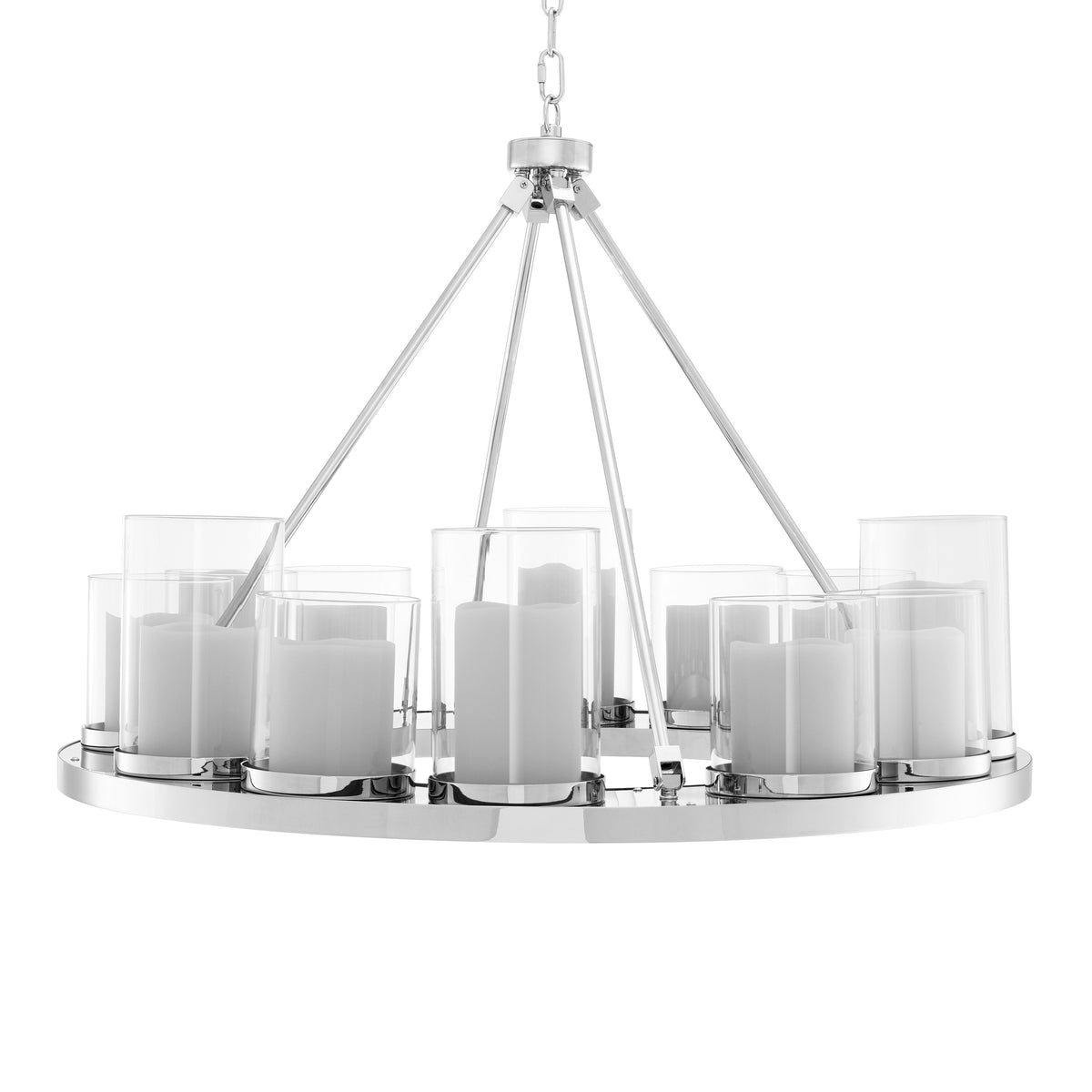 Eichholtz Chandelier Summit Round The glossy polished stainless steel plate of the Summit Chandelier is supported by a strong chain li
