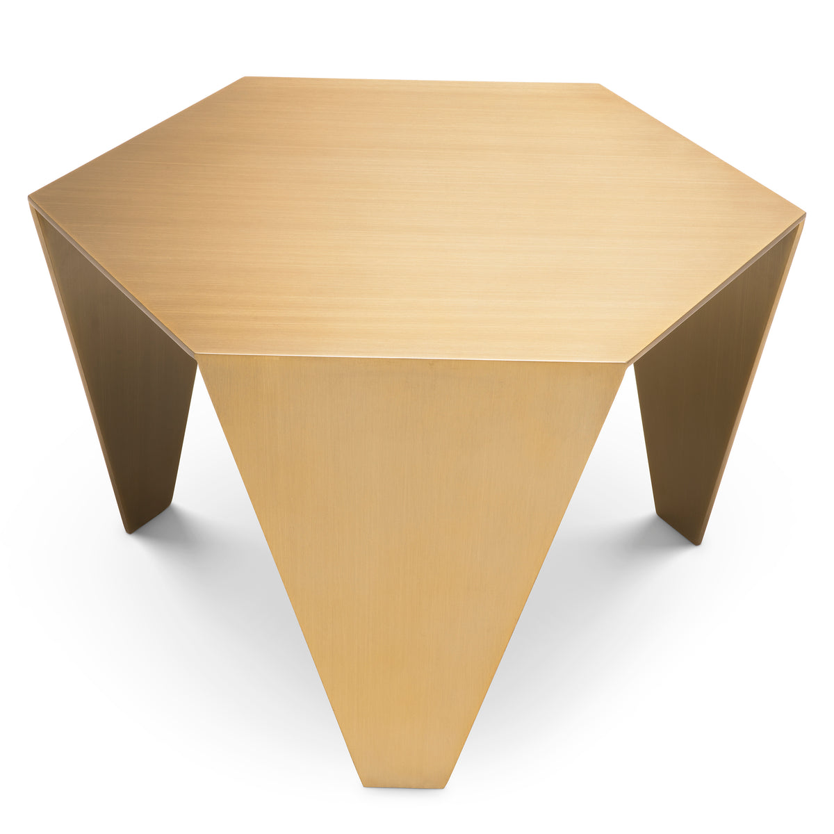 Eichholtz Side Table Metro Chic brushed brass finish With a hexagonal table top and three tapered legs in a brushed brass finish, the Metro Chic Side Tab