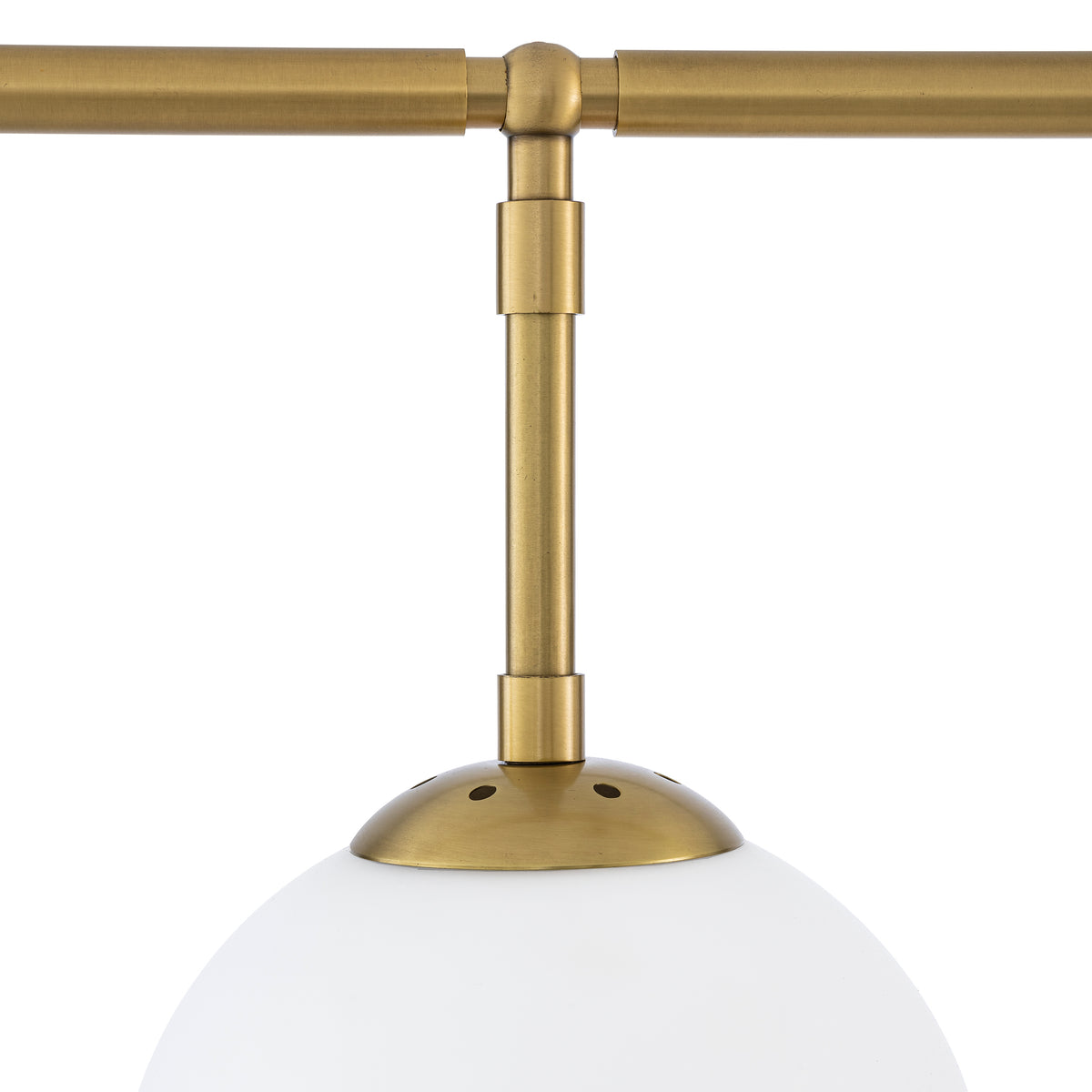 Eichholtz Chandelier Tara antique brass finish white glass Crafted from metal and provided with an antique brass finish, Chandelier Tara features four glob