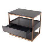 Eichholtz Side Table Parker mocha straight oak veneer With a metallic frame in a brushed brass finish and a top, body and lower shelf of mocha straight oa