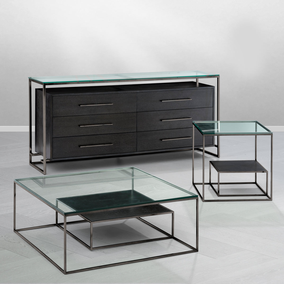 Eichholtz Dresser Durand charcoal oak veneer black nickel finish Inspired by the minimalist silhouettes of Bauhaus design, the oak veneer Durand Cabinet ex