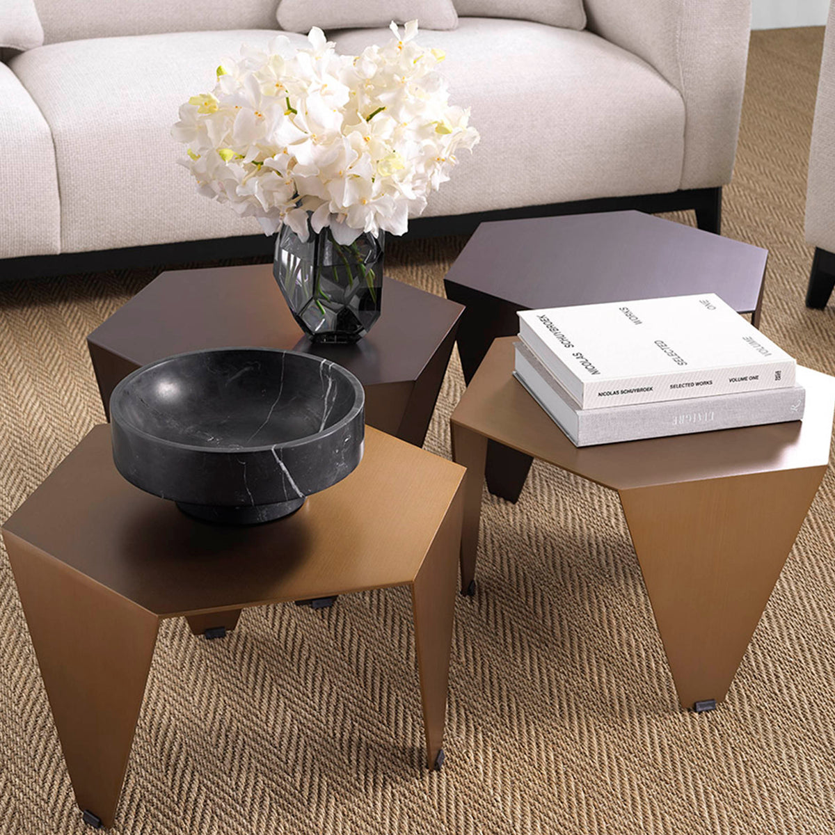 Eichholtz Side Table Metro Chic brushed brass finish With a hexagonal table top and three tapered legs in a brushed brass finish, the Metro Chic Side Tab